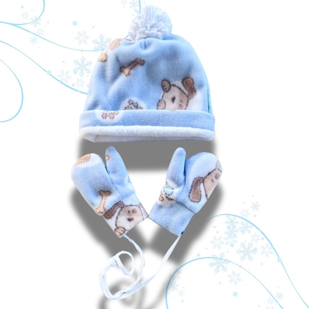 Fleece Double lined Toddler Hat and Mitten Set -Puppies on blue
